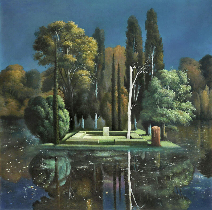Tombstone on Isle in Serene Lake Painting - Tombstone 1880 - graveyard island with white headstone by Arnold Bocklin by Arnold Bocklin