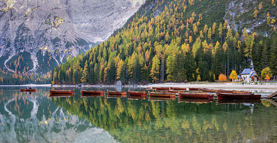 Tranquil Lake Surrounded by Autumn Forest Photograph - Tranquil Lake Surrounded by Autumn Forest by Elvira Peretsman