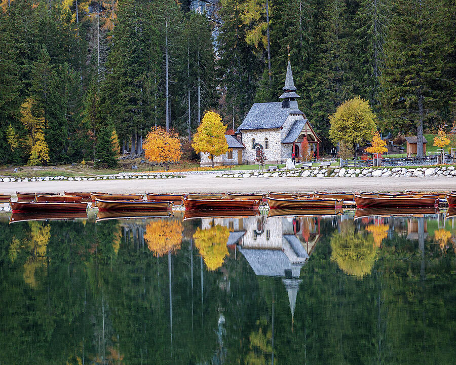 Tranquil Lakeside Chapel in Autumn Photograph - Tranquil Lakeside Chapel in Autumn by Elvira Peretsman