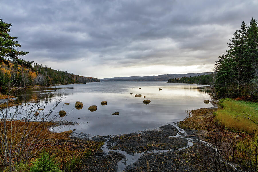 Peaceful Lake Under Cloudy Skies Photograph - Tranquil Morning at Seal Cove, Cabot Trail 1 by John Twynam