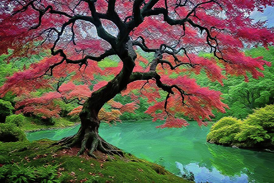 Tree Painting of Japanese Maple Tree Digital Art by Nature Oil Painting