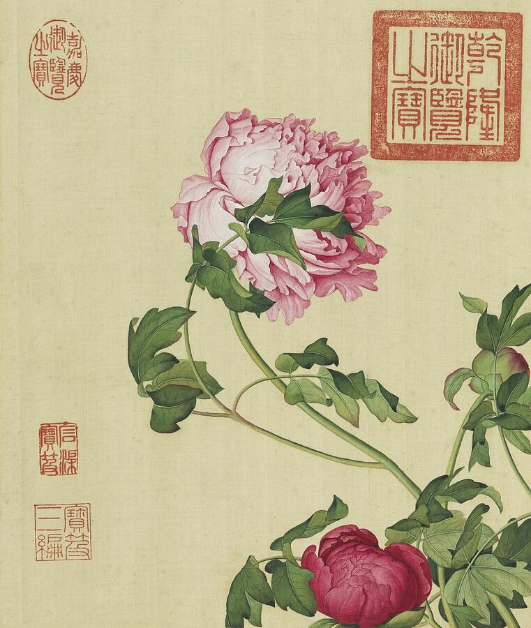 Tree Peonies by Giuseppe Castiglione Painting - Tree peonies - Chinese flower paintings by Giuseppe Castiglione by Giuseppe Castiglione Lang Shining