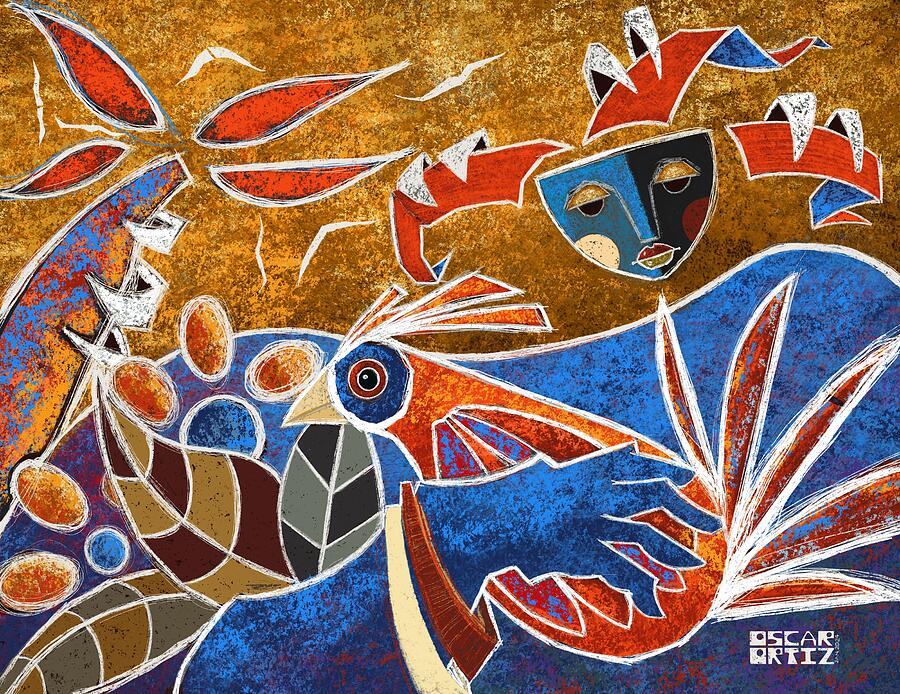 Vibrant Abstract Rooster and Mask Digital Art - Tropical Embrace by Oscar Ortiz