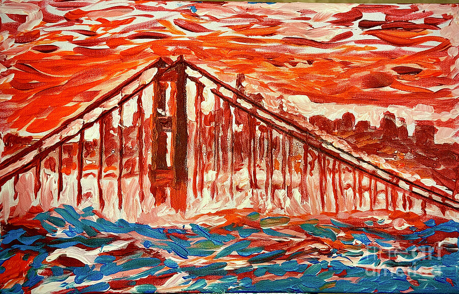 Tsunami Sundown Golden Gate Bridge Mixed Media by Bencasso B