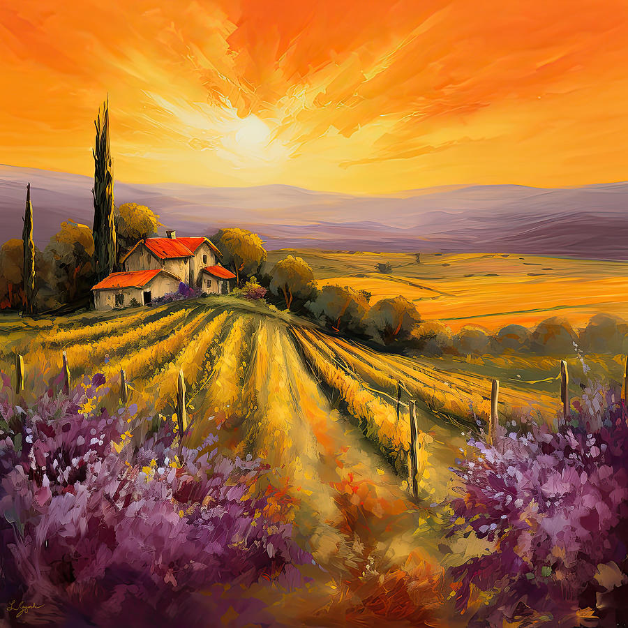 Tuscan Vineyard Sunset - Vineyard Impressionist Paintings Painting