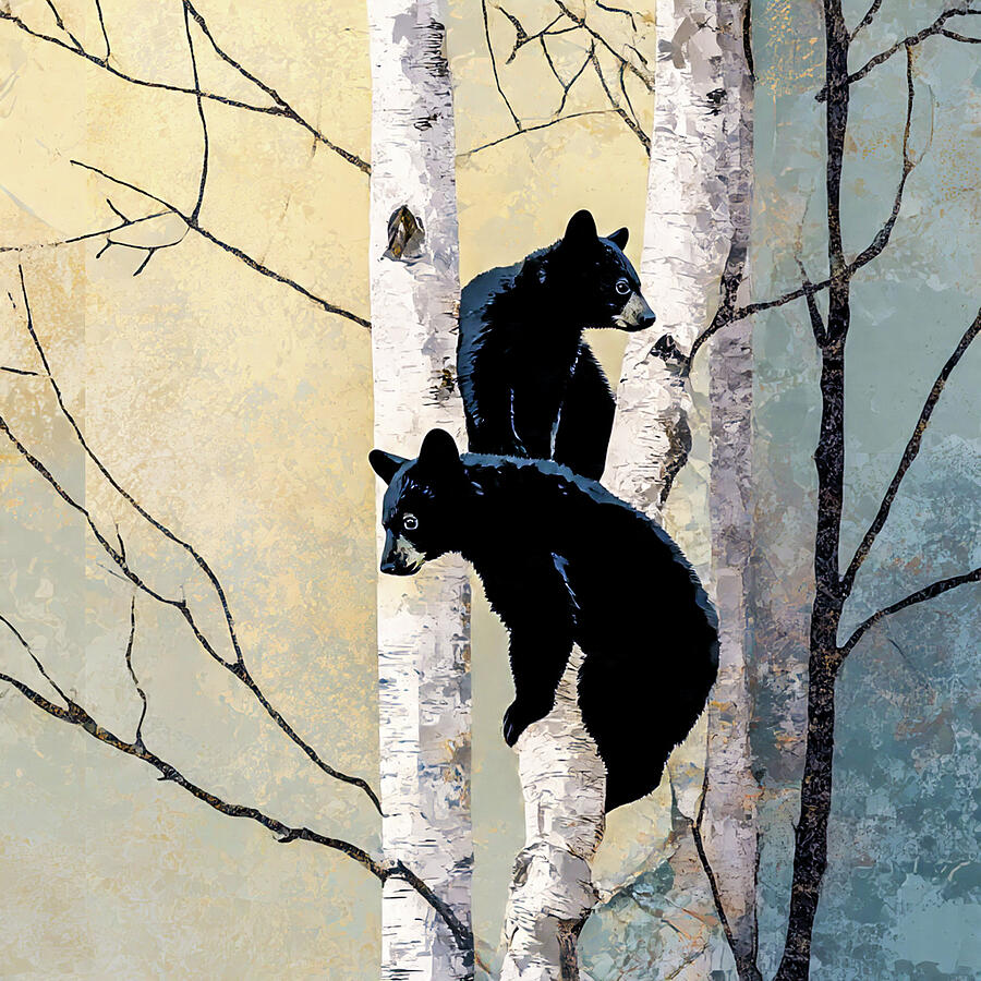 Two Black Bears on Birch Trees Mixed Media by Brian Stevens - Metal Posters