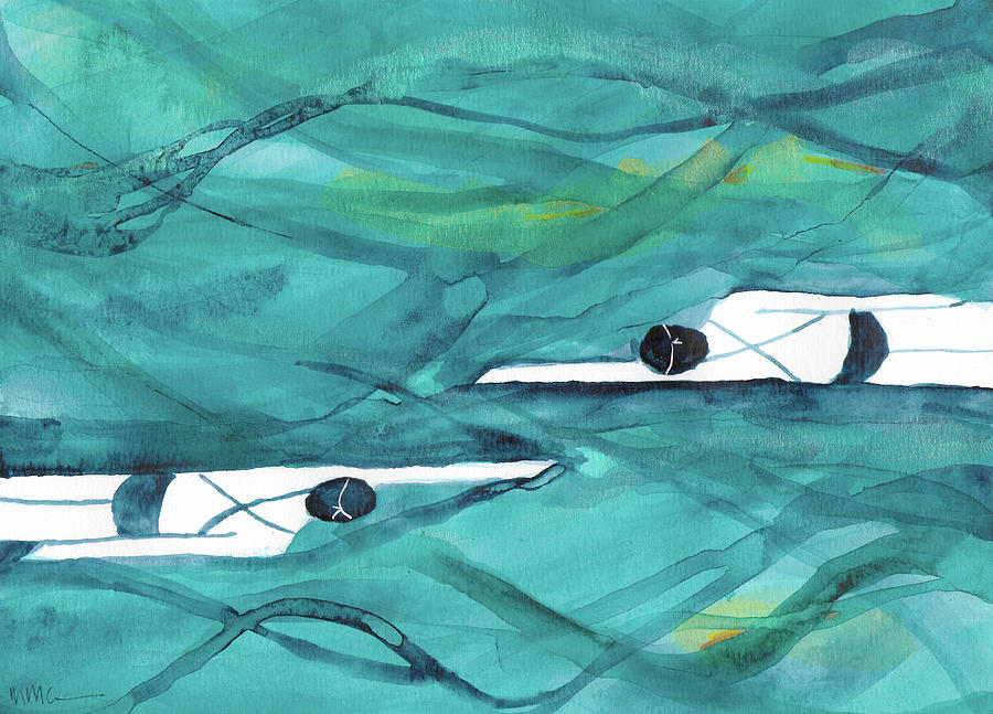 Two Girls Swim Dark Blue Hoziontal Mixed Media by Mary Conner