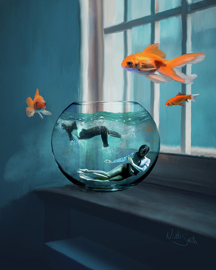 Two Figures Swimming in a Fishbowl Digital Art - Two Lost Souls Swimming in a Fishbowl by Nikki Marie Smith