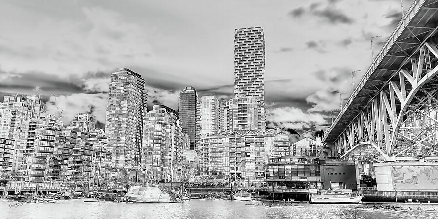 Cityscape and Bridge in Black and White Photograph - Vancouver from Granville Island in Black and White by Bruce Block