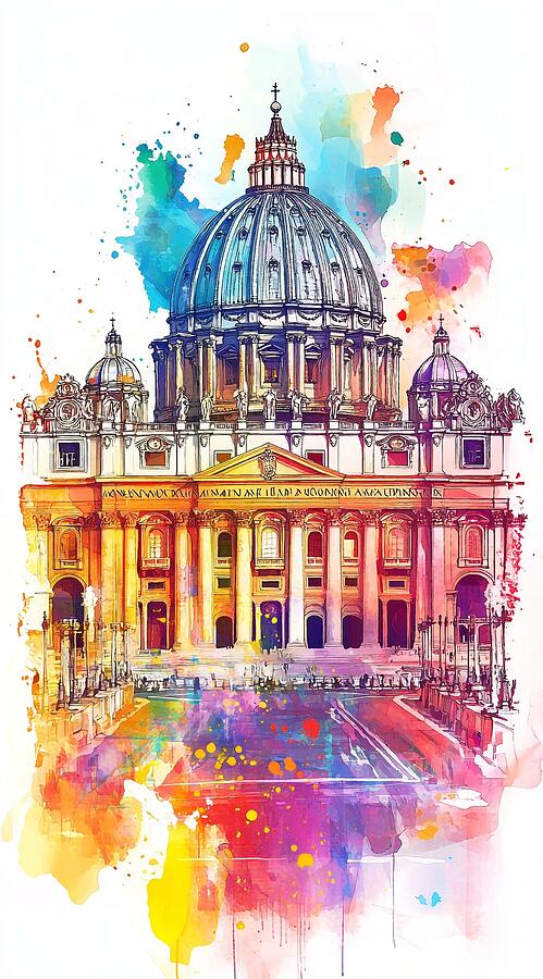 Vatican City Rome Vibrant Watercolor St. Peter's Basilica Iconic ...