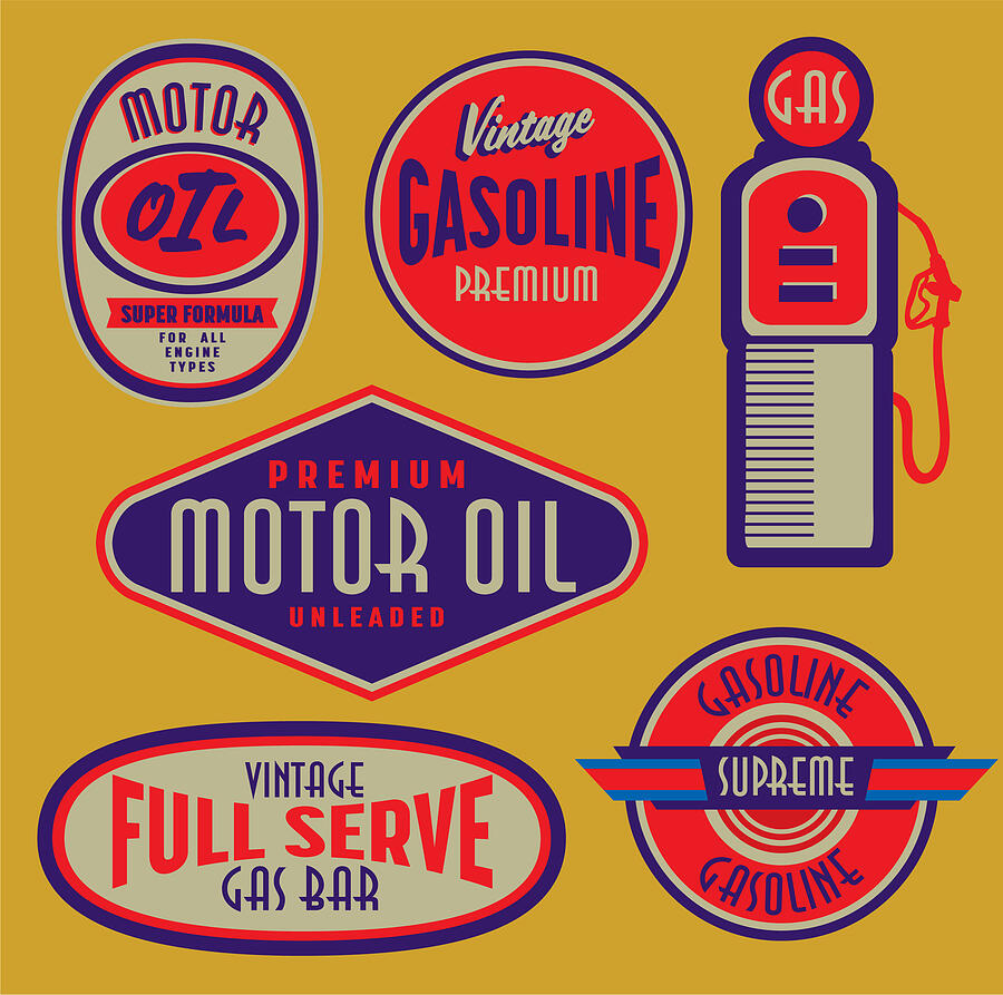 Vector illustration of a set of Old fashioned or vintage Gas Bar and Motor oil can signs and labels Drawing by JDawnInk