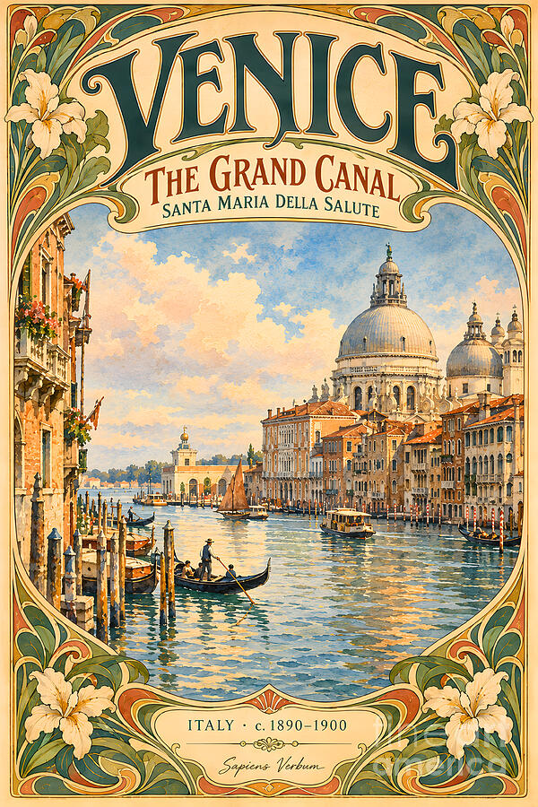 Venice, The Grand Canal and Santa Maria della Salute: Art Nouveau vintage travel poster by Sapiens Verbum
