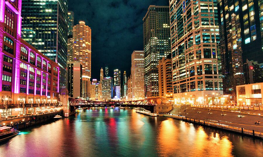Chicago Riverwalk at Night City Lights on the Chicago River by Ed Bobrin