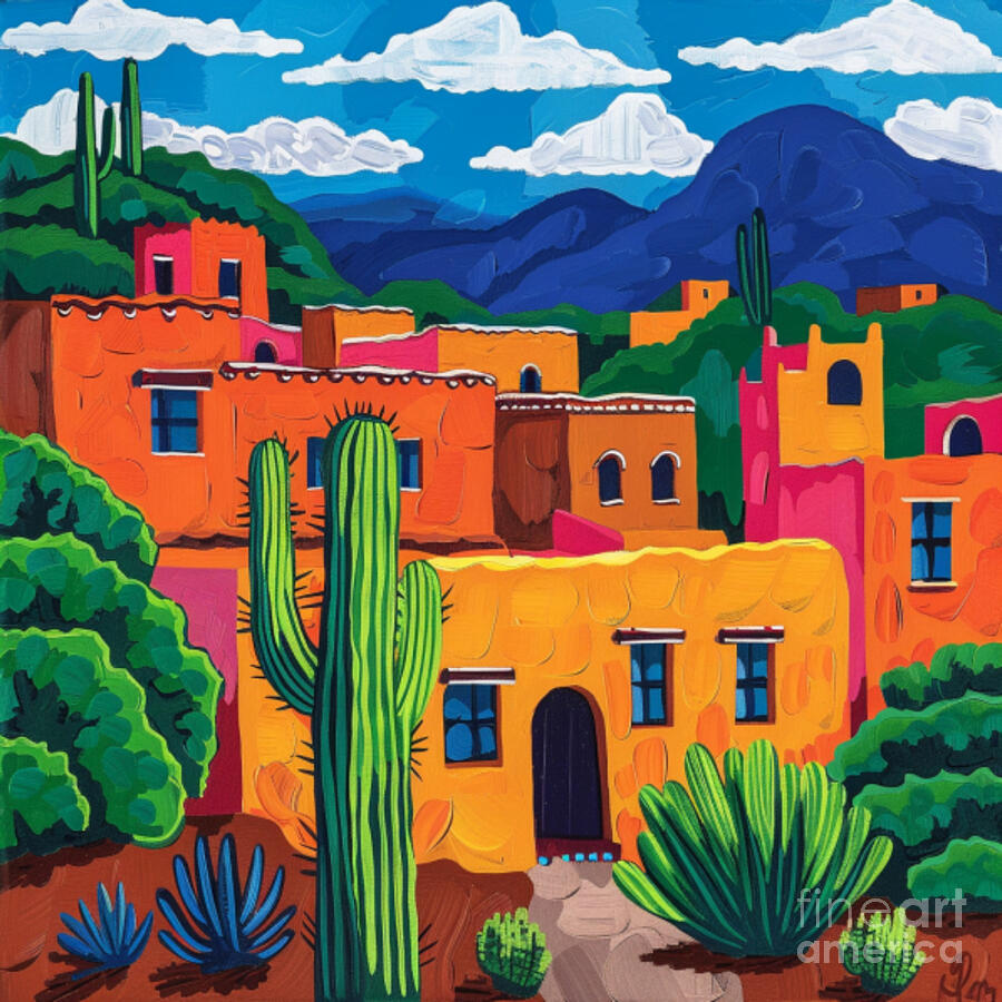 Vibrant Desert Village with Cacti Digital Art - Vibrant Desert Village with Cacti by Ted Clifton