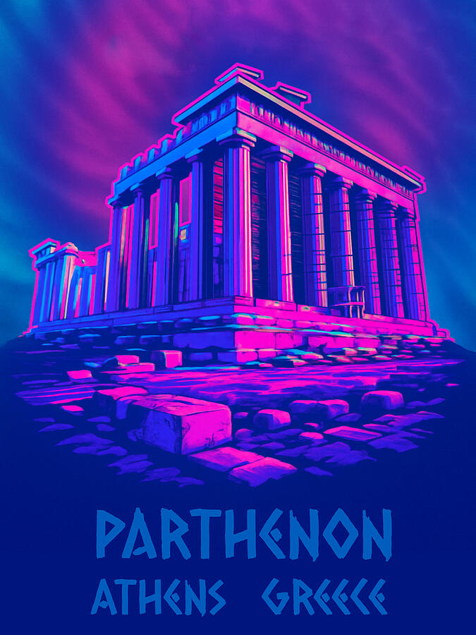 Vibrant Parthenon in Neon Athens, Greece Synthwave Poster Art by