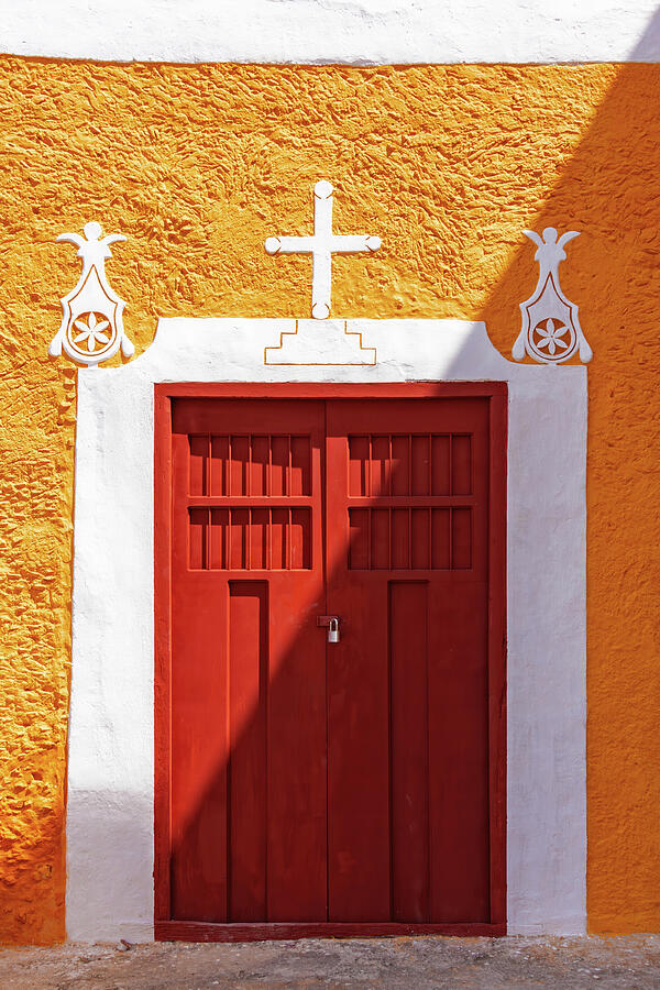 Vibrant Red Door on Yellow Wall Photograph - Vibrant Red Door on Yellow Wall by Tatiana Travelways