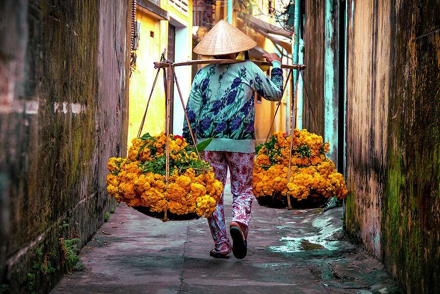 Vietnamese Flower Seller On The Way To Market Photograph by Printed View