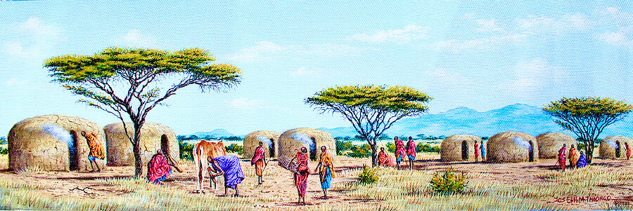 Traditional African Village Scene Painting - Village Life - 1 by Joseph Thiongo