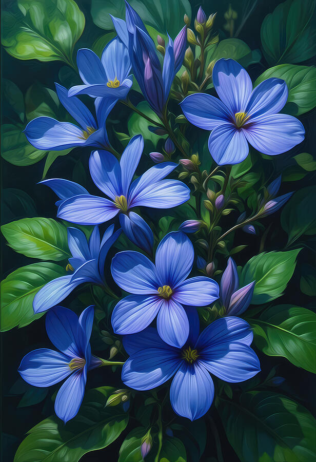 Vibrant Blue Flowers in Foliage Digital Art - Vinca Flower Oil Painting by Nature Oil Painting