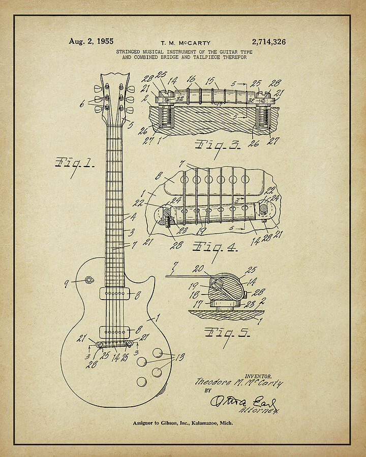 Vintage 1955 Gibson Les Paul Guitar Patent by Dale Kincaid