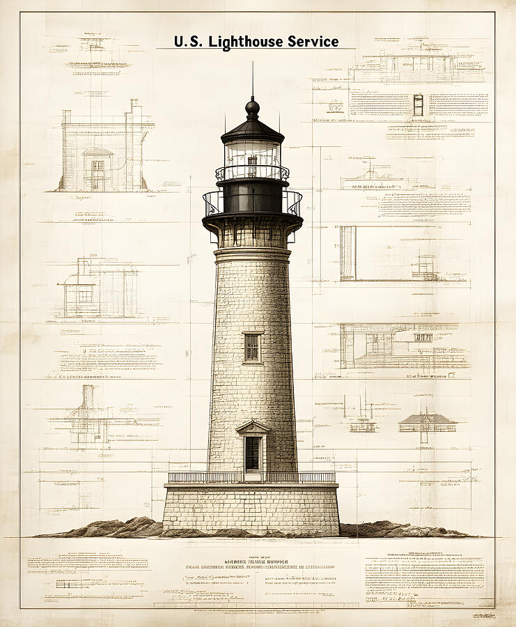Vintage Lighthouse Blueprint Ai Art by Jerry McElroy - Metal Posters