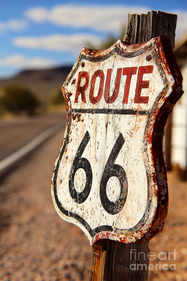 Vintage Route 66 Road Sign by Delphimages Photo Creations