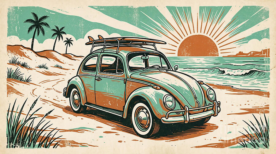 Vintage VW Beetle Surf Art - Retro Beach Poster in Teal and Orange