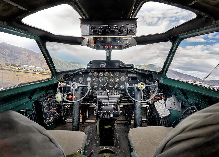 Aircraft Cockpit with Mountain View Photograph - Vintage Warbird B-17 Flying Fortress Cockpit - by Dave Koch by Dave Koch - Aircraft Photography
