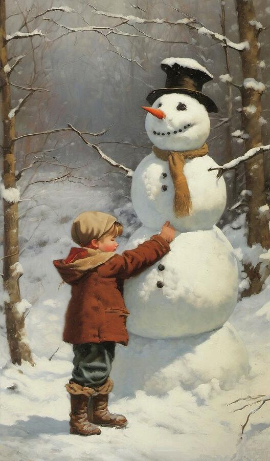 Vintage Winter Scene - Child Building Snowman - Snowy Forest Art Digital Art by Annalisa Rivera-Franz