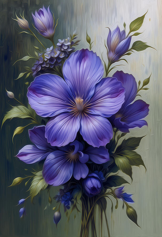 Vibrant Purple Flower Bouquet Digital Art - Violet Flower Wall Art Floral Oil Painting by Nature Oil Painting