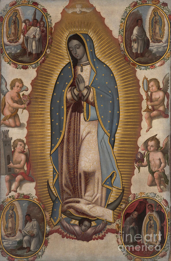 Virgin of Guadalupe, Mexican school, c. 1700: the Virgin in a starry blue mantle and rose robe stands on a crescent moon held by an angel, surrounded by golden rays, winged children with symbols and four oval scenes of the apparitions to Juan Diego