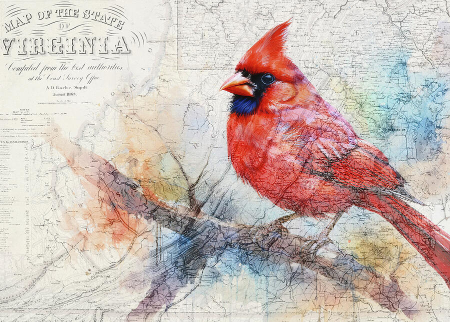 Virginia State Map And Cardinal Bird Mixed Media by Dan Sproul