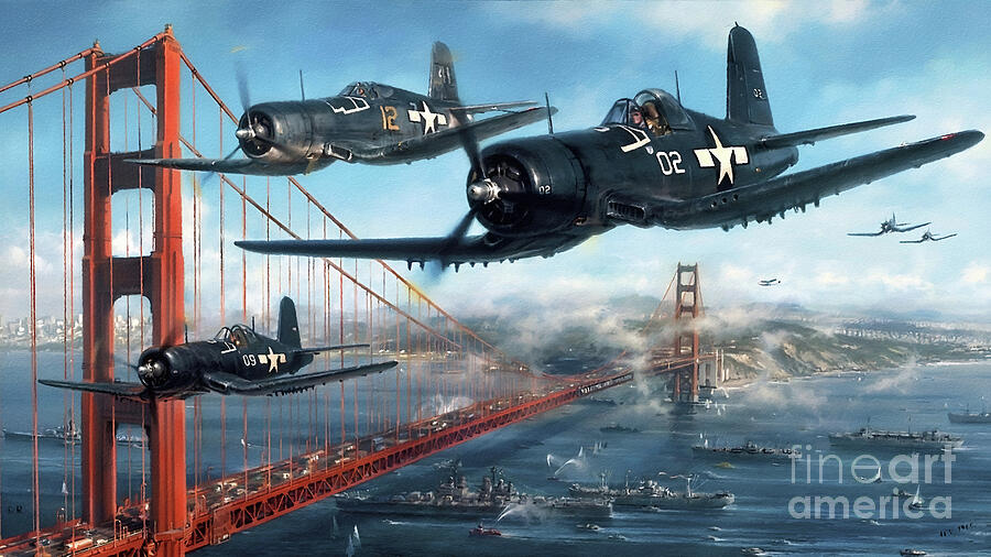 Vought F4U Corsairs Over The Golden Gate Bridge Painting by Antonios Valamontes