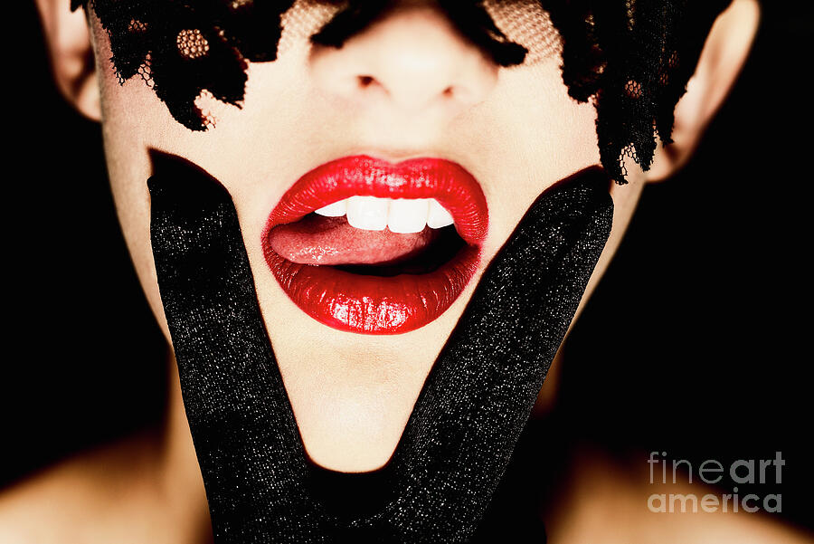 VX5308 Erotic Victory Lick Red Lips Pink Tongue Black Lace Face Mask - SurXposed Photograph by SurXposed - Amyn Nasser