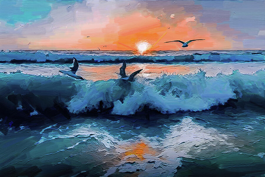 Beach Sunset Digital Oil Painting Digital Art by Nature Oil Painting