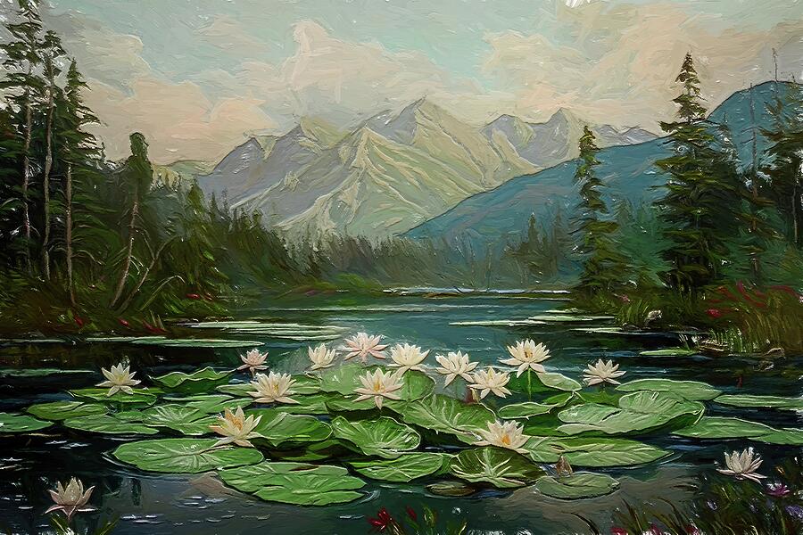 Waterlily In A Beautiful Lake Digital Oil Painting 2 Digital Art by Nature Oil Painting