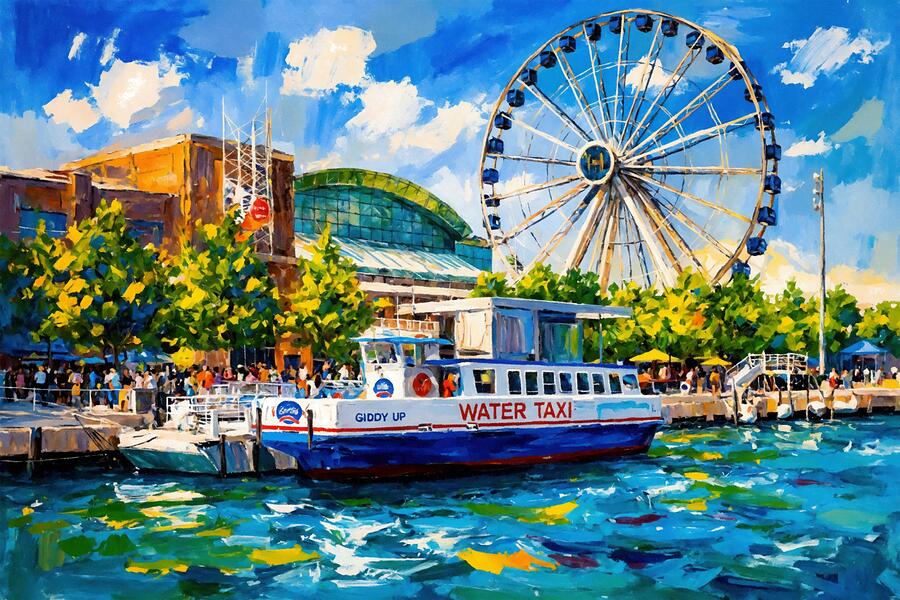 Water Taxi Near Ferris Wheel Digital Art - Water taxi near the Navy Pier in Chicago - impressionist painting by Nicko Prints