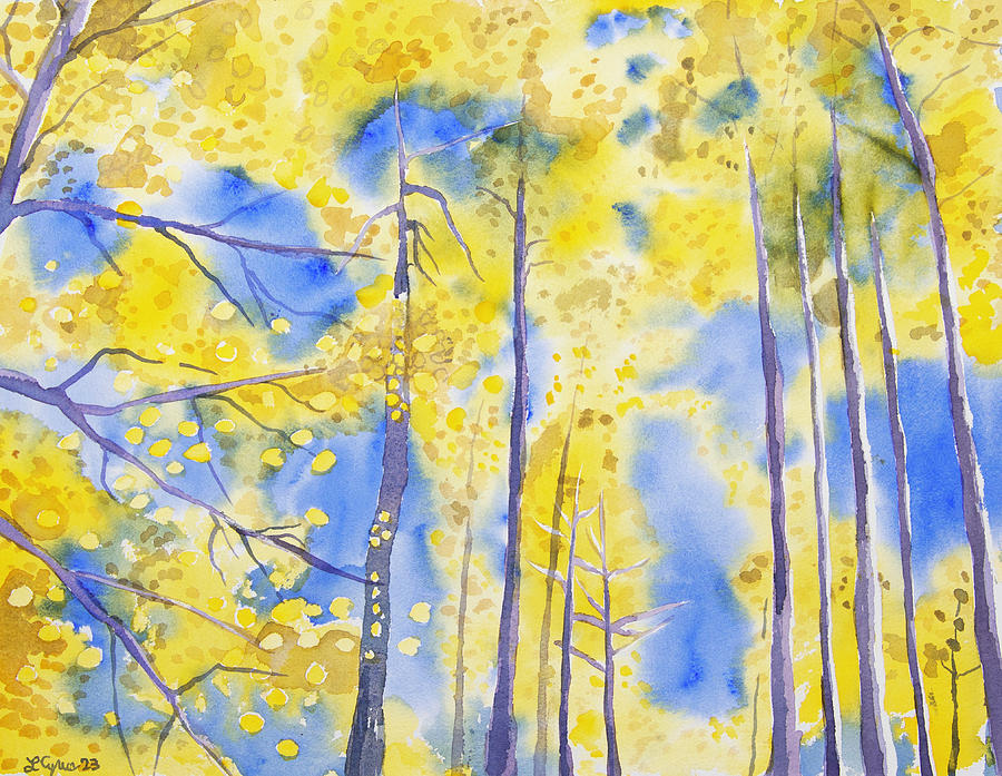 Watercolor - Golden Aspen and Bluebird Sky Painting by Cascade Colors