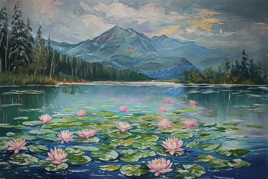 Waterlily In A Beautiful Lake Digital Oil Painting Digital Art by Nature Oil Painting
