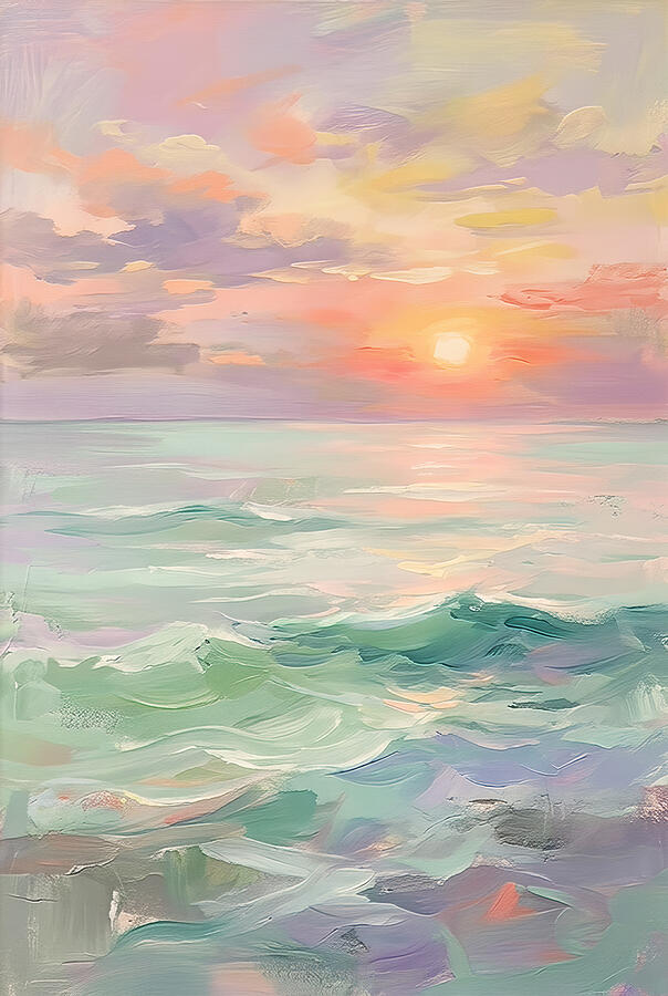 Serene Ocean Sunset Digital Art - Waves Ocean Sunset by Nature Oil Painting