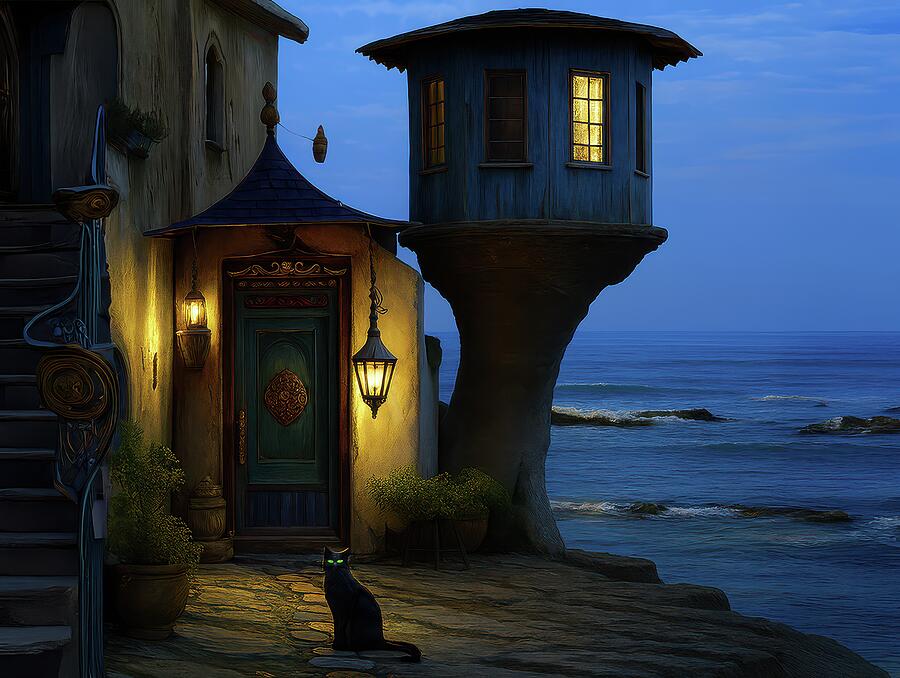 Enchanted Coastal Cottage at Night Digital Art - Well Leave The Cat On For You by Eris And AI