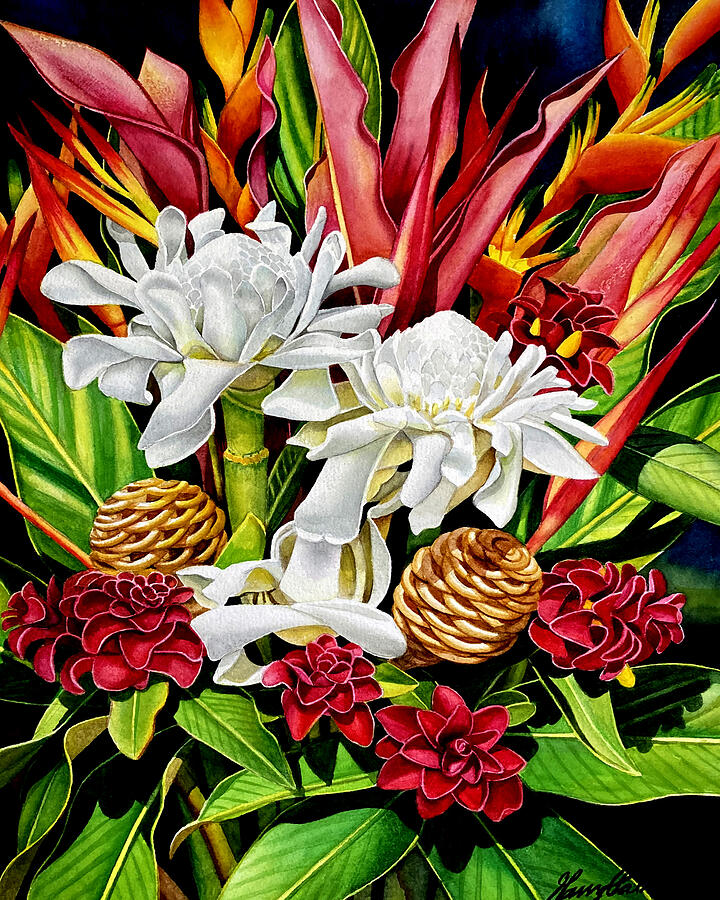 White Torch Ginger Arrangement Painting by Garry Palm - Metal Posters