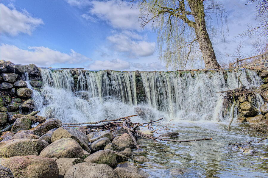 Whitnall Park Waterfall And Blue Sky Photograph by Dale Kauzlaric