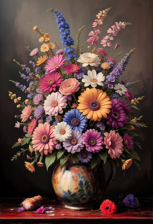 Vibrant Floral Arrangement in Vase Digital Art - Wildflower Oil Painting by Nature Oil Painting