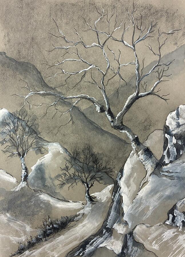 Bare Trees in Winter Landscape Painting - Winter Chill by Judy Strickland