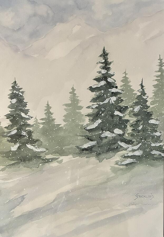 Snowy Evergreen Forest Scene Painting - Winter in the Forest by Judy Strickland