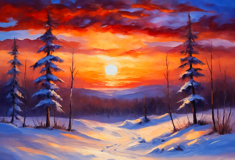 Winter landscape with fir trees and a beautiful orange and blue sunset sky - digital painting Digital Art by Nicko Prints