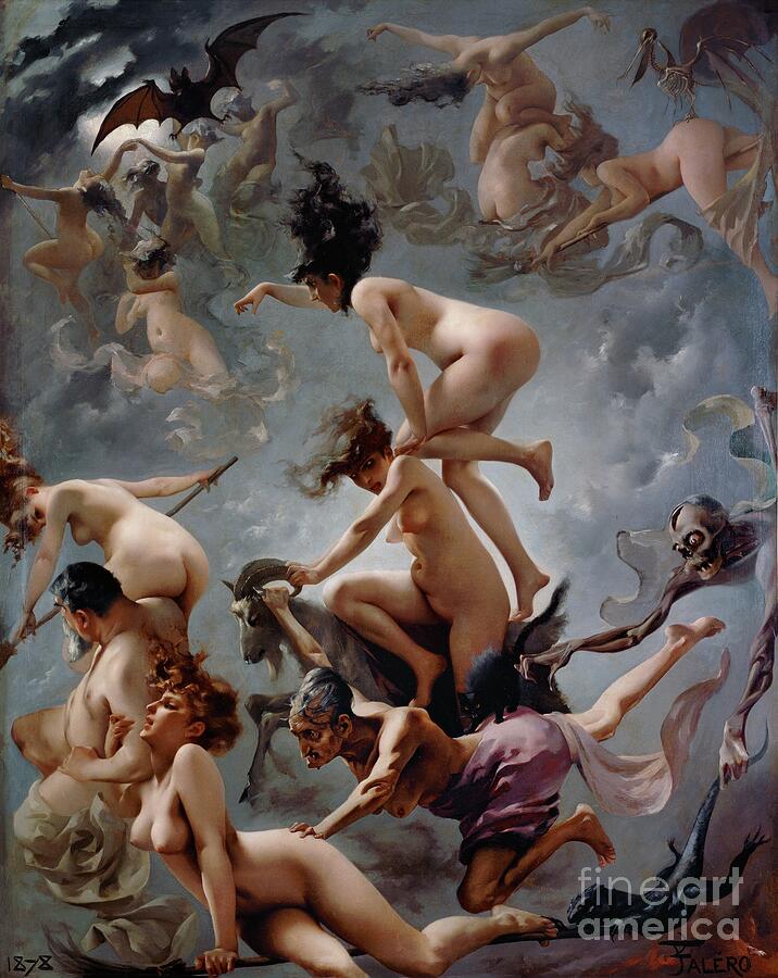Luis Ricardo Falero, Witches Going to Their Sabbath, 1878: nude witches fly in a spiral through a moonlit sky on broomsticks and a goat, surrounded by a bat, an old witch and a skeleton