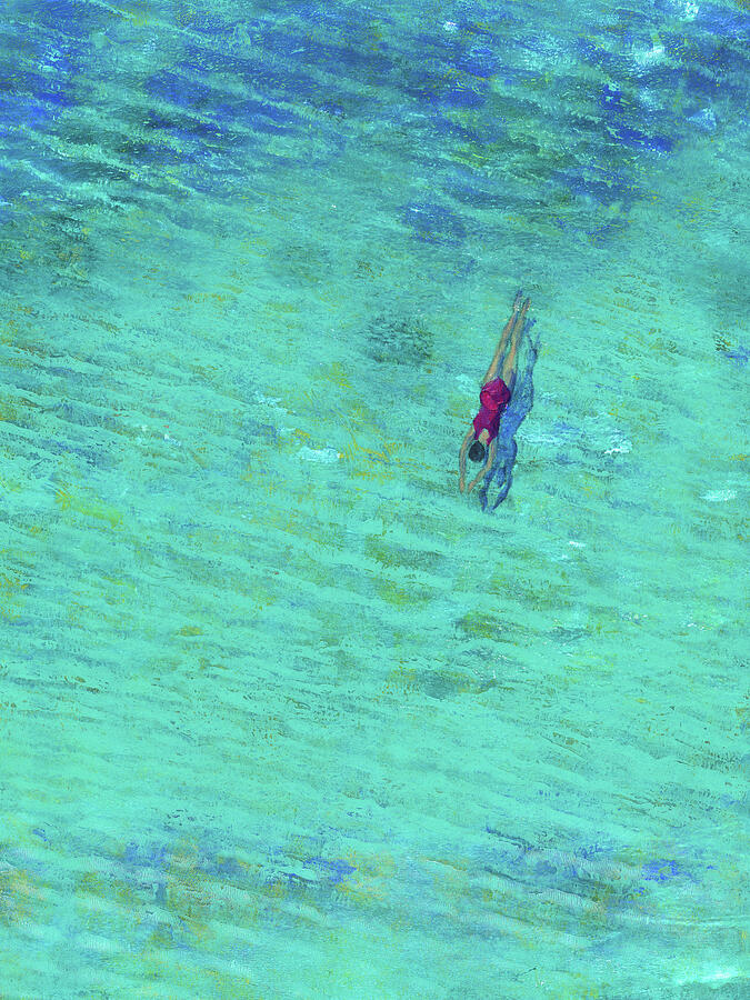 Woman in a pink swimsuit is swimming in the sea by Karen Kaspar