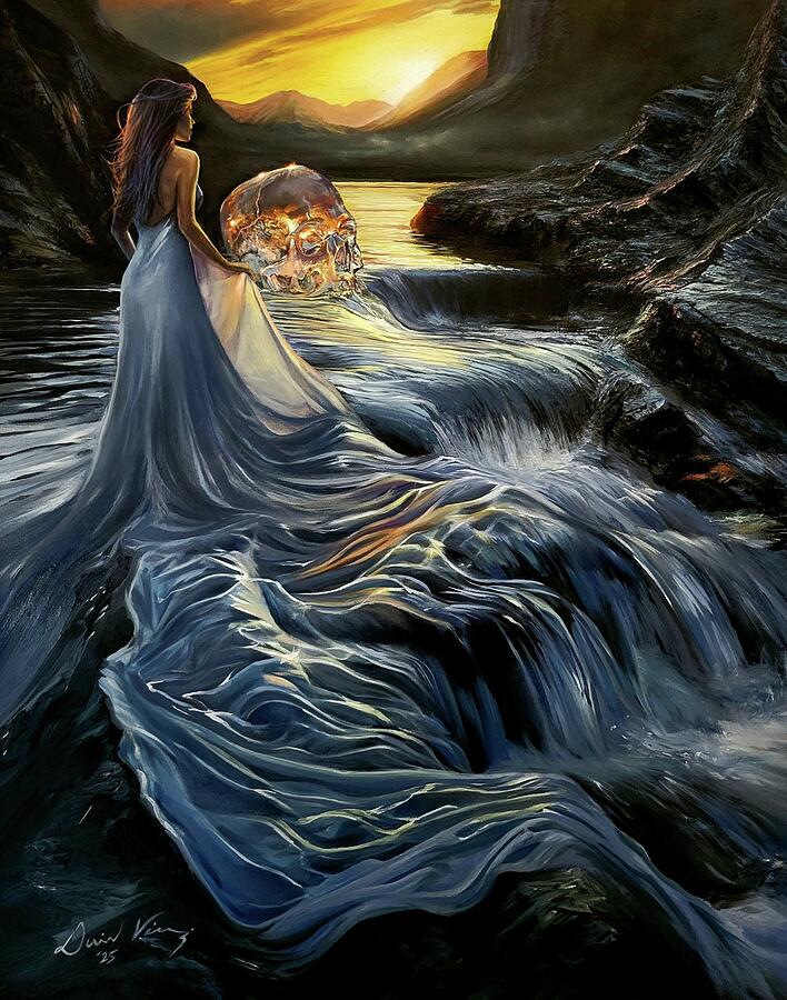 Woman in Flowing Gown by Waterfall Painting - Embraced By The Veil Of Beauty by David Vincenzi